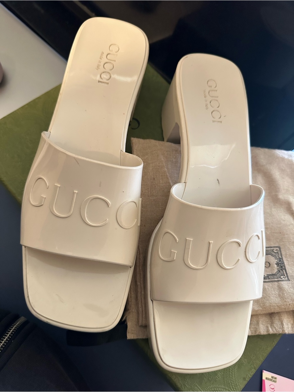 Gucci Cream Embossed Logo Slide Mules